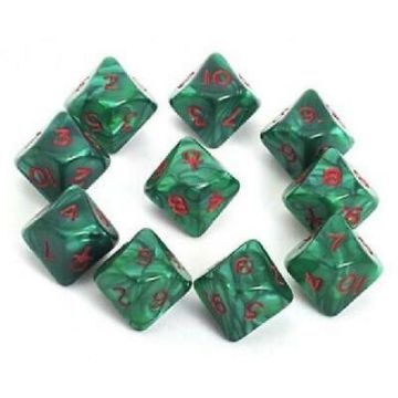Ankh d10 Set (Green marble w/ red #s, 10 dice/set)